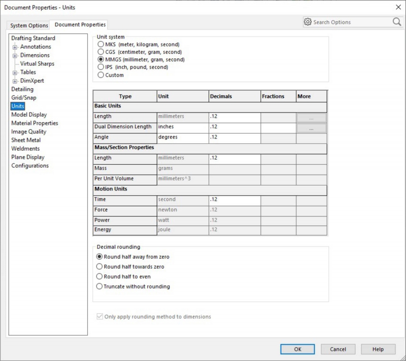 Thay đổi đơn vị trong Solidworks